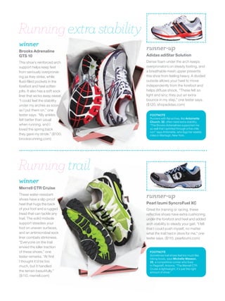 Running extra stability
winner
Brooks Adrenaline
                                 runner-up
GTS 10                           Adidas adiStar Solution
This shoe’s reinforced arch      Dense foam under the arch keeps
support helps keep feet          overpronators on steady footing, and
from seriously overpronat-       a breathable mesh upper prevents
ing as they strike, while        this shoe from feeling heavy. A divided
fluid-filled pockets in the      outsole allows your heel to move
forefoot and heel soften         independently from the forefoot and
jolts. It also has a soft sock   helps diffuse shock. “These felt so
liner that wicks away sweat.     light and airy; they put an extra
“I could feel the stability      bounce in my step,” one tester says.
under my arches as soon          ($120, shopadidas.com)
as I put them on,” one
tester says. “My ankles            FOOTNOTE
                                   Runners with flat arches, like Antoinette
felt better than usual
                                   Church, 32, often need extra stability.
when running, and I                “The Brooks Adrenalines supported me
loved the spring back              so well that I sprinted through a five-mile
                                   run!” says Antoinette, who logs her weekly
they gave my stride.” ($100,       miles in Wantagh, New York.
brooksrunning.com)




Running trail
winner
Merrell CTR Cruise
These water-resistant
shoes have a slip-proof
                                 runner-up
heel that hugs the back          Pearl Izumi SyncroFuel XC
of your foot and a rugged        Great for training or racing, these
tread that can tackle any        reflective shoes have extra cushioning
trail. The solid midsole         under the forefoot and heel and added
support steadies your            arch stability to steady your gait. “I felt
foot on uneven surfaces,         that I could push myself, no matter
and an antimicrobial sock        what the trail had in store for me,” one
liner combats stinkiness.        tester says. ($110, pearlizumi.com)
“Everyone on the trail
envied the killer traction
of these shoes,” one               FOOTNOTE
                                   Sometimes trail shoes feel too much like
tester remarks. “At first
                                   hiking boots, says Michelle Wesson,
I thought it’d be too              35, a competitive runner who lives
much, but it handled               in Flagstaff, Arizona. “The Merrell CTR
                                   Cruise is lightweight; it’s just the right
the terrain beautifully.”          amount of shoe.”
($110, merrell.com)
 