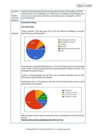 © Copyright 2018. UpGrad Education Pvt. Ltd. All rights reserved.
Question
3:
Insights
from User
Research
Analyse the data you gathered from surveys and interviews. Draw insights out of the
collected data. You can segregate your insights basis the objectives of conducting user
research: users pain points, motivations, personality, goals, demographics. (Word
Limit: 400 Words)
Response
Survey Key Findings
User Pain Points:
Target customer in the age group 21-55 Years has different challenges to maintain
their Fitness as per below graph:
Survey Reveals that 82.6% (38 Responses) = 52.2% (24 Responses) feels Unpredictable
work timings + 30.4% (14 Responses) feels personal/family schedule are their main
challenges to maintain fitness.
52.2% of surveyed people feel that they can’t contribute dedicated time to their
fitness due to unpredictable work timings.
Professionals who are Travelling are not able to find reliable fitness centres in their
New locations as per below -
86% of people Travel for work commitments hence can’t dedicate time for their fitness
activity.
Based on above analysis Hypothesis point 4 & 5 are True
 