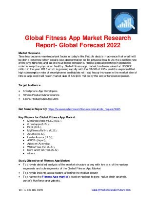 Tel: +1-646-845-9349 sales@marketresearchfuture.com
Global Fitness App Market Research
Report- Global Forecast 2022
Market Scenario
Time has become very important factor in today’s life. People decide in advance that what he’ll
be doing tomorrow which results less concentration on the physical health. As the adoption rate
of the smartphones and tablets have been increasing, fitness apps are coming in picture in
order to keep the population healthy. Global fitness app market has been valued at US $XX
million in the year 2015 which is growing rapidly with the CAGR of XX% and it is expected that
high consumption rate of smartphones and tablets will lead heavy increase in the market size of
fitness app and it will reach market size of US $XX million by the end of forecasted period.
Target Audience
 Smartphone App Developers
 Fitness Product Manufacturers
 Sports Product Manufacturers
Get Sample Report @ https://www.marketresearchfuture.com/sample_request/1405
Key Players for Global Fitness App Market:
 Motorola Mobility LLC (U.S.),
 Grandapps (U.S.),
 Fitbit (U.S.),
 MyFitnessPal Inc. (U.S.),
 Azumio (U.S.),
 Under Armour (U.S.),
 ASICS (Japan),
 Appster (Australia),
 WillowTree, Inc. (U.S.),
 Dom and Tom Tom (U.S.)
 others.
Study Objective of Fitness App Market
 To provide detailed analysis of the market structure along with forecast of the various
segments and sub-segments of the Global Fitness App Market
 To provide insights about factors affecting the market growth
 To analyze the Fitness App market based on various factors- value chain analysis,
porter’s five force analysis etc.
 