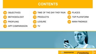 OBJECTIVES
METHODOLOGY
TIME OF THE DAY THEY RUN
PRODUCTS
CONTENTS
03
04
15
19
02
PROFILING
APP COMPARISSON
LEISURE
TV
08
1...
