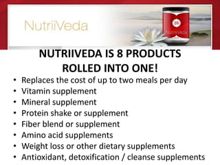 NUTRIIVEDA IS 8 PRODUCTS ROLLED INTO ONE!Replaces the cost of up to two meals per dayVitamin supplementMineral supplementProtein shake or supplementFiber blend or supplementAmino acid supplementsWeight loss or other dietary supplementsAntioxidant, detoxification / cleanse supplements