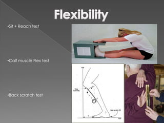 •Sit + Reach test




•Calf muscle Flex test




•Back scratch test
 