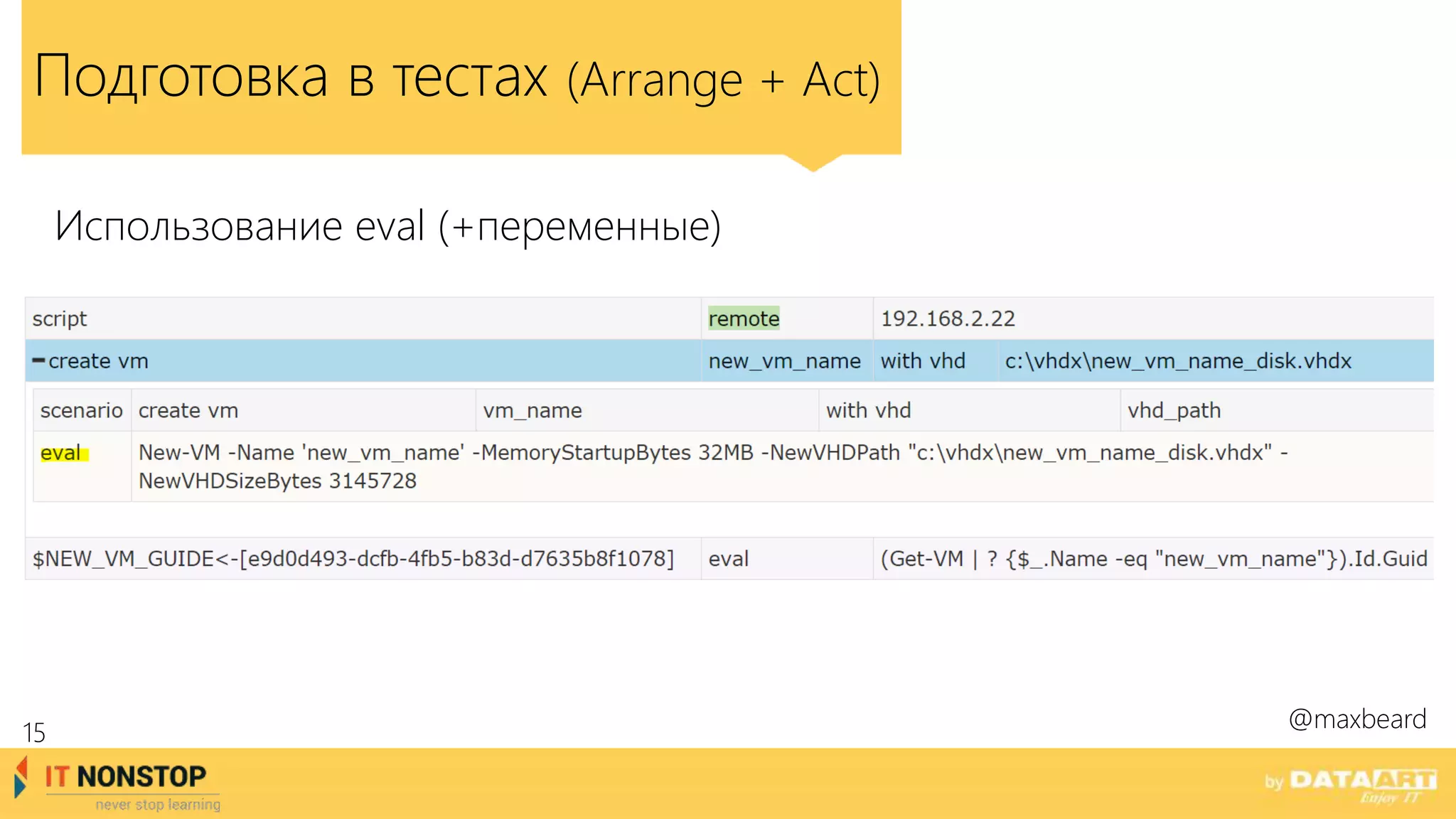 Подготовка в тестах (Arrange + Act)
Использование eval (+переменные)
@maxbeard
15
 