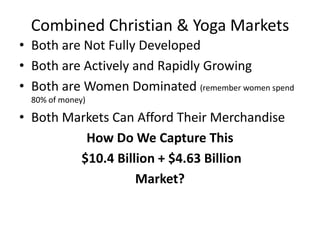 Combined Christian & Yoga Markets
• Both are Not Fully Developed
• Both are Actively and Rapidly Growing
• Both are Women Dominated (remember women spend
80% of money)

• Both Markets Can Afford Their Merchandise
How Do We Capture This
$10.4 Billion + $4.63 Billion
Market?

 