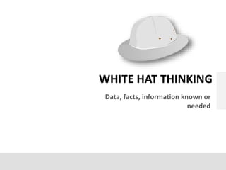 Data, facts, information known or
needed
WHITE HAT THINKING
 