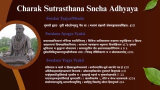 3
वृषणौ हृदय दृष्टी स्वेदयेन्मृददु नैव वा । मध्यमं वंक्षणौ शेषमङ्गावयव मष्टतः ॥10
कषायमद्यनित्यानां गर्भिण्या रक्तपित्तिनाम् । पित्तिना सातिसाराणा रूक्षाणा मधुमेहिनाम ॥ विदग्ध
भ्रष्टब्रध्नानां विषमद्यविकारिणाम् । श्रान्तानां नष्टसंज्ञाना स्थूलाना पित्तमेहिनाम ॥17॥ तृष्यतां
क्षुधिताना च क्रु द्धानां शोचतामप । कामल्युदरिण चैव क्षतानामाढ्यरोगिणाम ॥ 8 ॥
दुर्बला त वशुष्काणामुपक्षीणौजसा तथा । भषक
् तै म रकाणा च न स्वेदमवतारयेत् ॥19॥
प्रतिश्याय च कासे च हिक्काश्वासेष्वलाघवे । कर्णमन्याशिरःशुले स्वरभेदे गल हे ॥20
अर्दितैकाङ्गसवाङ्गपक्षाघाते वनामक
े । कोष्ठानाह वब ेष मूत्राघाते वजृम्भक
े ।।21
पार्श्वपृष्ठकटीकु क्षिसंग्रहे गृध्रसीष च । मूत्रकृ च्छ्रे महत्त्वे च मुष्कयोरङ्गमदंके || 22
पादजानूरुजङ् घा तसंग्रहे श्वयथाव प । । खल्लीष्वामेष ◌ु शीते च वेपथ वातकण्टक
े ॥23॥
संकोचायामशूलेषु स्तम्भगौरवसु तषु । सवाङ्गेषु वकारेषु स्वेदनं हतमुच्यते ॥24
Swedan Tyajya/Mrudu
Swedana Ayogya Vyakti
Swedana Yogya Vyakti
Charak Sutrasthana Sneha Adhyaya
 