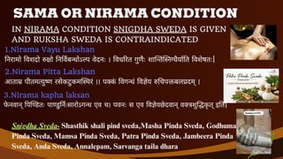 SAMA OR NIRAMA CONDITION
IN NIRAMA CONDITION SNIGDHA SWEDA IS GIVEN
AND RUKSHA SWEDA IS CONTRAINDICATED
1.Nirama Vayu Lakshan
निरामो वशदो रु ो न वबन्धोऽल्प वेदनः । वध रत गुणैः शा त नग्धैया त वशेषतः|
2.Nirama Pitta Lakshan
आताम्र पीतमत्युष्ण रसेकटुकम रं ।। पक्क
ं वगन्धं व ेय रु चपक्तबलप्रदम् ।
3.Nirama kapha laksan
फे नवान् प ण्डतः पाण्डु नःसारोऽगन्ध एव च। पवनः स एव व ेयछेदवान् वक्त्रशु क
ृ त् इ त|
Snigdha Sveda- Shasthik shali pind sveda,Masha Pinda Sveda, Godhuma
Pinda Sveda, Mamsa Pinda Sveda, Patra Pinda Sveda, Jambeera Pinda
Sveda, Anda Sveda, Annalepam, Sarvanga taila dhara 7
 