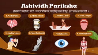 1.Nadi(Pulse) 4.Jivha(Tongue
3.Mutra(Urin)
5. Shadha(voice) 6.Sparsha(touch) 7.Druka(eye) 8.Aakruti(Build)
Ashtvidh Pariksha
रोगमादौ परी ेत ततोऽनन्तरमौषधम् नाडीमूत्रमलं ज ा शब्दस्पशदृगाक
ृ तीः ॥
2.Mala(Stool)
8
 