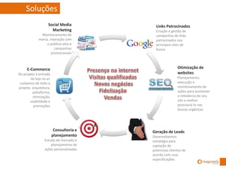 Google
SEO
Geração
de Leads
Planejament
Commerce
Redes
Sociais
Social Media
Marketing
Monitoramento de
marca, interação com
o público-alvo e
campanhas
promocionais
Links Patrocinados
Criação e gestão de
campanhas de links
patrocinados nos
principais sites de
busca
Otimização de
websites
Planejamento,
execução e
monitoramento de
ações para aumentar
a relevância do seu
site e melhor
posicioná-lo nas
buscas orgânicas
Geração de Leads
Desenvolvemos
estratégia para
captação de
potenciais clientes de
acordo com suas
especificações
E-Commerce
Do projeto à entrada
da loja no ar,
cuidamos de todo o
projeto: arquitetura,
plataforma,
otimização,
usabilidade e
promoções
Consultoria e
planejamento
Estudo de mercado e
planejamento de
ações personalizadas
Soluções
 