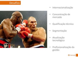 • Internacionalização
• Concentração de
mercado
• Qualificação técnica
• Segmentação
• Atualização
tecnológica
• Profissionalização da
gestão
Desafios
 