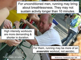For unconditioned men, running may bring
                      about breathlessness. They may not
                    sustain activity longer than 10 minutes.




 High intensity workouts
 are more demanding &
   shorter in duration.


                             For them, running may be more of an
                               anaerobic workout, not aerobic.

Photo credits: kit oates                     Reference: Textbook page 189
 