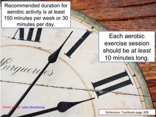 Recommended duration for
 aerobic activity is at least
150 minutes per week or 30
     minutes per day.

                                  Each aerobic
                                exercise session
                                should be at least
                                 10 minutes long.




Photo credit: Jules StoneSoup
                                 Reference: Textbook page 308
 