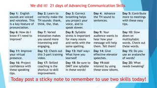 We did it! 21 days of Advancing Communication Skills
Day 1: English
sounds are voiced
and voiceless. This
is a key feature of
pronunciation.
Day 2: Learn to
correctly make the
TH sounds: thank,
think, the, that.
Day 3: Correct
breathing helps
you project your
voice, and to
speak slower.
Day 4: Advance
the TH sound to
sentences.
Day 5: Contribute
more to meetings
with these easy
tips.
Day 6: How do I
know if I need to
improve?
Day 7: Varied
intonation makes
you sound more
interesting and
engaging.
Day 8: Syllable
stress is important
for many nouns
and verbs with the
same spelling.
Day 9: Your
audience wants to
hear how your
message will help
them. Tell them!
Day 10: Slow
down on
multisyllabic
words. Check out
these words.
Day 11: Improve
your virtual
presence.
Day 12: Check out
this 3-part training
video.
Day 13: Half way+
What have you
learned?
Day 14: Give
effective elevator
speeches.
Day 15: Do you
use an avalanche
of words?
Day 16: Project
confidence with
these speaking
tips.
Day 17: Skilled
coaching is the
shortcut to skill
improvement.
Day 18: Be sure to
OMIT one syllable
in these words!
Day 19:Add
interest by using
these snow idioms.
Day 20: What
needs tweaking?
Today post a sticky note to remember to use two skills today!
 