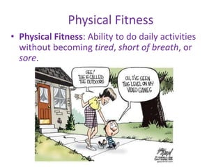 Physical Fitness
• Physical Fitness: Ability to do daily activities
without becoming tired, short of breath, or
sore.
 