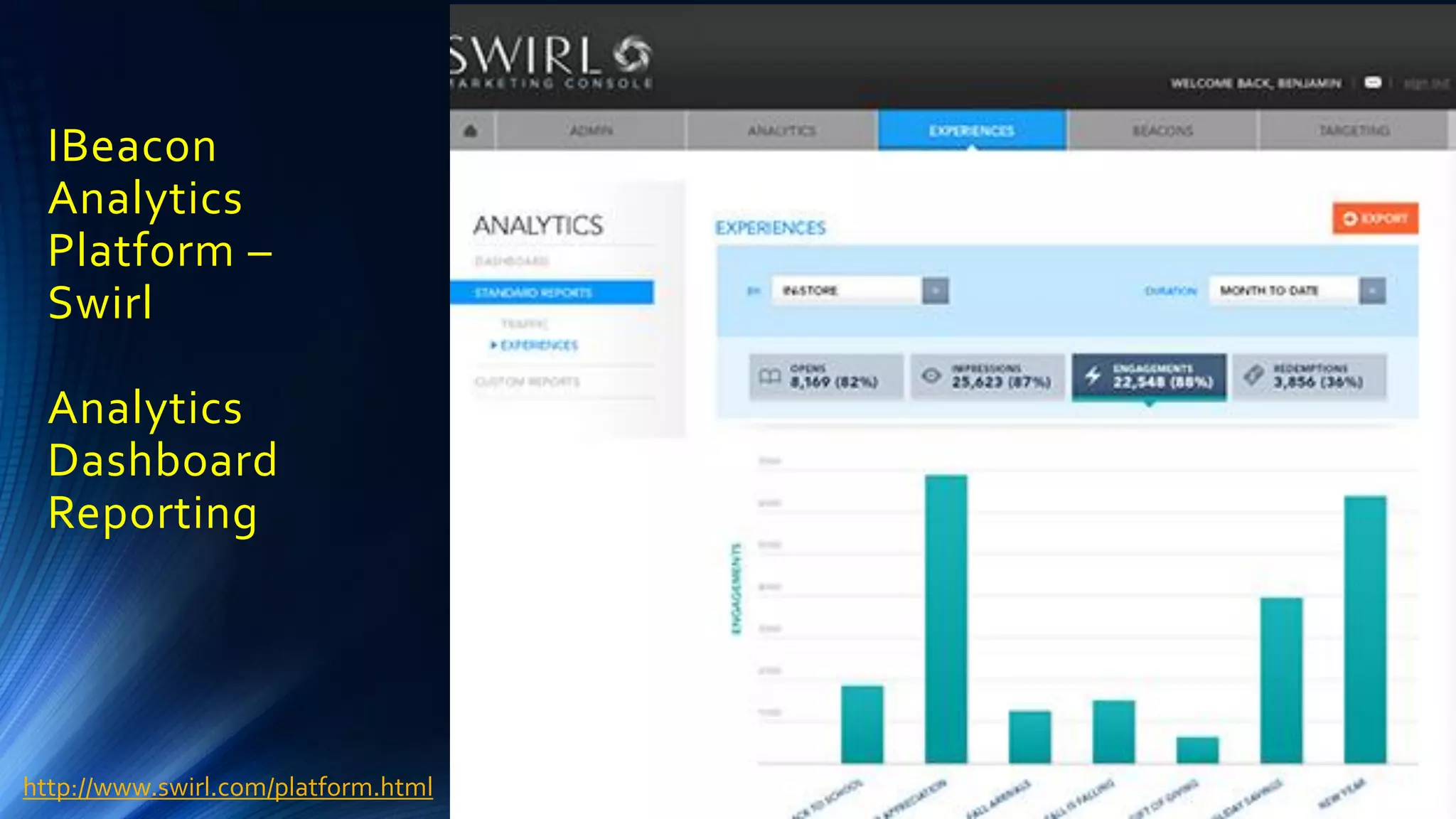 IBeacon
Analytics
Platform –
Swirl
Analytics
Dashboard
Reporting
http://www.swirl.com/platform.html
 