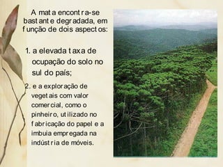 A mat a encont ra-se
bast ant e degradada, em
f unção de dois aspect os:
1. a elevada t axa de
ocupação do solo no
sul do país;
2. e a exploração de
veget ais com valor
comercial, como o
pinheiro, ut ilizado no
f abricação do papel e a
imbuia empregada na
indúst ria de móveis.
 