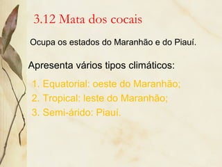 3.12 Mata dos cocais
Ocupa os estados do Maranhão e do Piauí.
Apresenta vários tipos climáticos:
1. Equatorial: oeste do Maranhão;
2. Tropical: leste do Maranhão;
3. Semi-árido: Piauí.
 