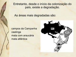 Entretanto, desde o início da colonização do
país, existe a degradação.
As áreas mais degradadas são:
campos da Campanha
caatinga
mata com araucária
mata atlântica
 