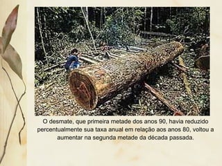 O desmate, que primeira metade dos anos 90, havia reduzido
percentualmente sua taxa anual em relação aos anos 80, voltou a
aumentar na segunda metade da década passada.
 