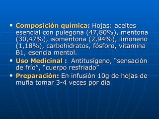 Composición química :  Hojas: aceites esencial con pulegona (47,80%), mentona (30,47%), isomentona (2,94%), limoneno (1,18%), carbohidratos, fósforo, vitamina B1, esencia mentol. Uso Medicinal  :  Antitusígeno, “sensación de frío”, “cuerpo resfriado” Preparación :  En infusión 10g de hojas de muña tomar 3-4 veces por día 