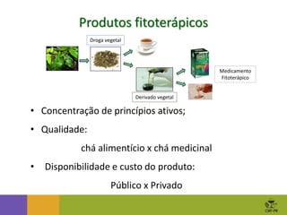 • Concentração de princípios ativos;
• Qualidade:
chá alimentício x chá medicinal
• Disponibilidade e custo do produto:
Público x Privado
Derivado vegetal
Medicamento
Fitoterápico
Droga vegetal
Produtos fitoterápicos
 