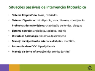 Situações passíveis de intervenção fitoterápica
• Sistema Respiratório: tosse, resfriados
• Sistema Digestório: má digestão, azia, diarreia, constipação
Problemas dermatológicos: cicatrização de feridas, alergias
• Sistema nervoso: ansiolítico, sedativo, insônia
• Distúrbios hormonais: sintomas do climatério
• Manejo da hipertensão arterial e diabetes: diurético
• Fatores de risco DCV: hiperlipidemia
• Manejo da dor e inflamação: dor crônica (artrite)
 