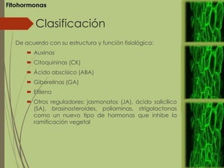 Clasificación
De acuerdo con su estructura y función fisiológica:
 Auxinas
 Citoquininas (CK)
 Ácido abscísico (ABA)
 Giberelinas (GA)
 Etileno
 Otros reguladores: jasmonatos (JA), ácido salicílico
(SA), brasinosteroides, poliaminas, strigolactonas
como un nuevo tipo de hormonas que inhibe la
ramificación vegetal
 