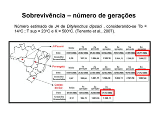 Número estimado de J4 de Ditylenchus dipsaci , considerando-se Tb =
14oC ; T sup = 23oC e K = 500oC. (Tenente et al., 2007).
Sobrevivência – número de gerações
 