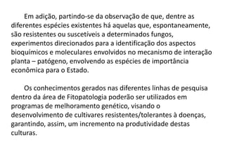 Em adição, partindo-se da observação de que, dentre as diferentes espécies existentes há aquelas que, espontaneamente, são resistentes ou suscetíveis a determinados fungos, experimentos direcionados para a identificação dos aspectos bioquímicos e moleculares envolvidos no mecanismo de interação planta – patógeno, envolvendo as espécies de importância econômica para o Estado. Os conhecimentos gerados nas diferentes linhas de pesquisa dentro da área de Fitopatologia poderão ser utilizados em programas de melhoramento genético, visando o desenvolvimento de cultivares resistentes/tolerantes à doenças, garantindo, assim, um incremento na produtividade destas culturas. 