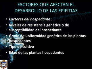 FACTORES QUE AFECTAN EL DESARROLLO DE LAS EPIFITIASFactores del hospedante : Niveles de resistencia genética o de susceptibilidad del hospedanteGrado de uniformidad genética de las plantas hospedantesTipo de cultivoEdad de las plantas hospedantes