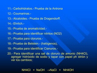 11.- Carbohidratos.- Prueba de la Antrona
12.- Coumarinas.-
13.- Alcaloides.- Prueba de Dragendorff.
14.- Ehrlich.-
15.- Prueba de aromaticidad.-
16.- Prueba para identificar nitritos (NO2)
17.- Prueba para cloruros.-
18.- Prueba de Belstein.- (halógenos),
19.- Prueba para identificar Cianuros.-
20.- Para identificar una sal de cloruro de amonio (NH4Cl),
  agregar hidróxido de sodio y tapar con papel ph idriòn y
  ver los cambios;


           NH4Cl + NaOH          NaCl + NH4OH
 