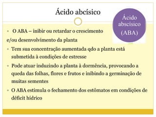 Ácido abcísico
 O ABA – inibir ou retardar o crescimento
e/ou desenvolvimento da planta
 Tem sua concentração aumentada qdo a planta está
submetida à condições de estresse
 Pode atuar induzindo a planta à dormência, provocando a
queda das folhas, flores e frutos e inibindo a germinação de
muitas sementes
 O ABA estimula o fechamento dos estômatos em condições de
déficit hídrico
 