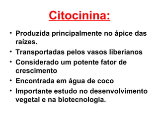 Citocinina:
• Produzida principalmente no ápice das
  raízes.
• Transportadas pelos vasos liberianos
• Considerado um potente fator de
  crescimento
• Encontrada em água de coco
• Importante estudo no desenvolvimento
  vegetal e na biotecnologia.
 