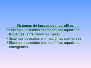 Sistemas de lagoas de macrófitas: 
Sistemas baseados em macrófitas aquáticas 
flutuantes (enraizadas ou livres); 
Sistemas baseados em macrófitas submersas; 
Sistemas baseados em macrófitas aquáticas 
emergentes 
 