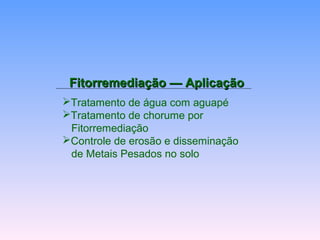 FFiittoorrrreemmeeddiiaaççããoo —— AApplliiccaaççããoo 
Tratamento de água com aguapé 
Tratamento de chorume por 
Fitorremediação 
Controle de erosão e disseminação 
de Metais Pesados no solo 
 