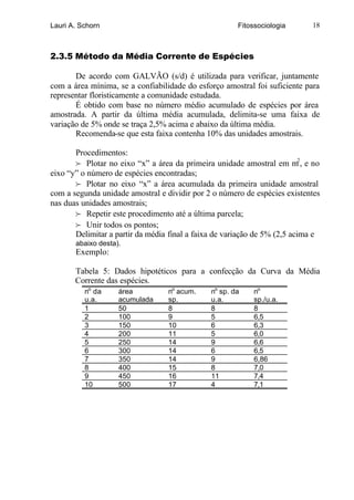 Lauri A. Schorn                                        Fitossociologia      18



2.3.5 Método da Média Corrente de Espécies

       De acordo com GALVÃO (s/d) é utilizada para verificar, juntamente
com a área mínima, se a confiabilidade do esforço amostral foi suficiente para
representar floristicamente a comunidade estudada.
       É obtido com base no número médio acumulado de espécies por área
amostrada. A partir da última média acumulada, delimita-se uma faixa de
variação de 5% onde se traça 2,5% acima e abaixo da última média.
       Recomenda-se que esta faixa contenha 10% das unidades amostrais.

       Procedimentos:
       f Plotar no eixo “x” a área da primeira unidade amostral em m2, e no
eixo “y” o número de espécies encontradas;
       f Plotar no eixo “x” a área acumulada da primeira unidade amostral
com a segunda unidade amostral e dividir por 2 o número de espécies existentes
nas duas unidades amostrais;
       f Repetir este procedimento até a última parcela;
       f Unir todos os pontos;
       Delimitar a partir da média final a faixa de variação de 5% (2,5 acima e
       abaixo desta).
       Exemplo:

       Tabela 5: Dados hipotéticos para a confecção da Curva da Média
       Corrente das espécies.
          no da     área          no acum.     no sp. da    no
          u.a.      acumulada     sp.          u.a.         sp./u.a.
          1         50            8            8            8
          2         100           9            5            6,5
          3         150           10           6            6,3
          4         200           11           5            6,0
          5         250           14           9            6,6
          6         300           14           6            6,5
          7         350           14           9            6,86
          8         400           15           8            7,0
          9         450           16           11           7,4
          10        500           17           4            7,1
 