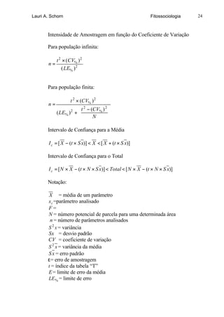 Lauri A. Schorn                                              Fitossociologia   24



       Intensidade de Amostragem em função do Coeficiente de Variação

       Para população infinita:

          t 2 × ( CV% ) 2
       n=
             ( LE% ) 2


       Para população finita:

                 t 2 × (CV% ) 2
       n=
                       t 2 − (CV% ) 2 
          ( LE% ) 2 + 
                      
                                       
                                       
                              N       

       Intervalo de Confiança para a Média

        I c = [ X − (t × S x)] < X < [ X + (t × S x)]

       Intervalo de Confiança para o Total

        I c = [ N × X − (t × N × S x)] < Total < [ N × X − (t × N × S x)]

       Notação:

        X    = média de um parâmetro
       x i =parâmetro analisado
       F=
       N = número potencial de parcela para uma determinada área
        n = número de parâmetros analisados
       S 2 x = variância
       Sx = desvio padrão
       CV = coeficiente de variação
       S 2 x = variância da média
       S x = erro padrão
       ε= erro de amostragem
       t = índice da tabela “T”
       E = limite de erro da média
       LE % = limite de erro
 