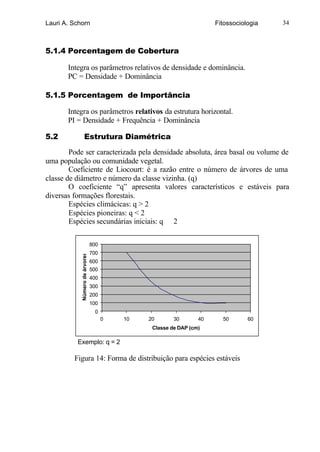 Lauri A. Schorn                                                       Fitossociologia   34



5.1.4 Porcentagem de Cobertura

       Integra os parâmetros relativos de densidade e dominância.
       PC = Densidade + Dominância

5.1.5 Porcentagem de Importância

       Integra os parâmetros relativos da estrutura horizontal.
       PI = Densidade + Frequência + Dominância

5.2               Estrutura Diamétrica

        Pode ser caracterizada pela densidade absoluta, área basal ou volume de
uma população ou comunidade vegetal.
        Coeficiente de Liocourt: é a razão entre o número de árvores de uma
classe de diâmetro e número da classe vizinha. (q)
        O coeficiente “q” apresenta valores característicos e estáveis para
diversas formações florestais.
        Espécies climácicas: q > 2
        Espécies pioneiras: q < 2
        Espécies secundárias iniciais: q ≅ 2

                                800
                                700
            Número de árvores




                                600
                                500
                                400
                                300
                                200
                                100
                                 0
                                      0   10   20       30       40     50       60
                                                Classe de DAP (cm)

          Exemplo: q = 2

         Figura 14: Forma de distribuição para espécies estáveis
 