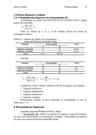 Lauri A. Schorn                                         Fitossociologia    48



7.3 Outras Relações e Índices
7.3.1 Fidelidade das Espécies nas Comunidades (F)
        A fidelidade, de acordo com MATTEUCCI & COLMA (1982) é obtida
através da expressão:
             a(b + d )
        F=             −1
             b( a + c)
        Onde os valores de a, b, c, d são obtidos através da tabela de
contingência abaixo.

Tabela 12: Modelo de Tabela de Contingência
           Fonte: MATTEUCCI & COLMA (1982)
       Relação                 Comunidade                          Total
                            A               B
   espécie x presente       a               b                      a+b
   espécie x ausente        c               d                      c+d
         Total            a+c              B+d

       Exemplo:

        Relação                     Comunidade                     Total
                               A                 B
   espécie x presente          12                 5                 17
   espécie x ausente            3                10                 13
         Total                 15                15

              12(5 + 10)         180
         F=              −1∴ F =     −1∴ F = 1,4
               5(12 + 3)          75

       A partir dos valores obtidos, podem-se dividir as espécies em 4 grupos:
       f Espécies exclusivas
       f Espécies preferenciais
       f Espécies indiferentes
       f Espécies estranhas
       Observações: Sempre se deve relacionar as comunidades A com B,
sendo que a > b.

8. Diversidade da Vegetação

       Conceitos, segundo Whittaker (FILFILLI, 2000):
      f Diversidade alfa: relativo ao número de espécies e suas diversidades
em uma área determinada ou comunidade. Exemplo: ”diversidade de espécies
em uma área restrita da Floresta Ombrófila Mista.
 