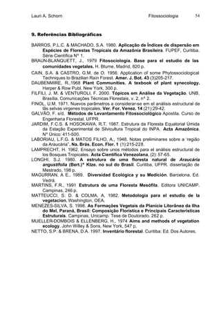 Lauri A. Schorn                                         Fitossociologia       54



9. Referências Bibliográficas

BARROS, P.L.C. & MACHADO, S.A. 1980. Aplicação de Índices de dispersão em
     Espécies de Florestas Tropicais da Amazônia Brasileira. FUPEF, Curitiba.
     Série Científica Nº 1.
BRAUN-BLANQUETT, J., 1979 Fitosociología. Base para el estudio de las
     comunidades vegetales. H. Blume, Madrid, 820 p.
CAIN, S.A. & CASTRO, G.M. de O. 1956. Application of some Phytossociological
     Techniques to Brazilian Rain Forest. Amer. J. Bot. 43 (3)205-217.
DAUBENMIRE, R.,1968 Plant Communities. A texbook of plant synecology.
     Harper & Row Publ. New York, 300 p.
FILFILI, J. M. & VENTUROLI, F. 2000. Tópicos em Análise da Vegetação. UNB,
     Brasília. Comunicações Técnicas Florestais, v. 2, nº 2.
FINOL, U.M. 1971. Nuevos parâmetros a considerar-se em el análisis estructural de
     lãs selvas virgenes tropicales. Ver. For. Venez. 14 (21):29-42.
GALVÃO, F. s/d. Métodos de Levantamento Fitossociológico Apostila. Curso de
     Engenharia Florestal, UFPR.
JARDIM, F.C.S. & HOSOKAWA, R.T. 1987. Estrutura da Floresta Equatorial Úmida
     da Estação Experimental de Silvicultura Tropical do INPA. Acta Amazônica.
     Nº Único: 411-500.
LABORIAU, L.F.G. & MATOS FILHO, A., 1948. Notas preliminares sobre a ‘região
     da Araucária”. Na. Brás. Econ. Flor. 1 (1):215-228.
LAMPRECHT, H. 1962. Ensayo sobre unos métodos para el análisis estructural de
     los Bosques Tropicales. Acta Científica Venezolana, (2): 57-65.
LONGHI, S.J. 1980. A estrutura de uma floresta natural de Araucária
     angustifolia (Bert.)º Ktze. no sul do Brasil. Curitiba, UFPR. dissertação de
     Mestrado, 198 p.
MAGURRAN, A E., 1989. Diversidad Ecológica y su Medición. Barcelona, Ed.
     Vedrá.
MARTINS, F.R., 1991 Estrutura de uma Floresta Mesófila. Editora UNICAMP.
     Campinas, 246 p.
MATTEUCCI, S. D. & COLMA, A, 1982. Metodologia para el estudio de la
     vegetacion. Washington, OEA.
MENEZES-SILVA, S. 1998. As Formações Vegetais da Planície Litorânea da Ilha
     do Mel, Paraná, Brasil: Composição Florística e Principais Características
     Estruturais. Campinas, Unicamp. Tese de Doutorado. 262 p.
MUELLER-DOMBOIS & ELLENBERG, H., 1974 Aims and methods of vegetation
     ecology. John Willey & Sons, New York, 547 p.
NETTO, S.P. & BRENA, D.A. 1997. Inventário florestal. Curitiba: Ed. Dos Autores.
 
