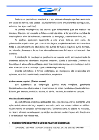 Reduzem o peristaltismo intestinal, e o seu efeito de absorção age favoravelmente
em casos de diarréia. São usadas abundantemente como emulsionantes (carraguinatos,
extraídos das algas marinhas).
As plantas mucilaginosas são usadas quer isoladamente quer em misturas de
infusões. Citemos, por exemplo, a folha e a raiz da altéia, a flor da malva e a folha da
mesma planta, a flor da malva-rosa, a semente do feno-grego, a semente do linho, etc.
As pectinas pertencem igualmente a este grupo: trata-se, com efeito, de
polissacarídeos que formam gels como as mucilagens. As pectinas existem em numerosos
frutos e são particularmente abundantes nos sumos de frutas e legumes: sumo de maçã,
de beterraba, de cenoura. As pectinas são usadas nas curas de frutos e no tratamento das
diarréias.
A distribuição da mucilagem é geral entre os vegetais sendo secretada através de
diferentes estruturas: idioblastos, tricomas, coléteres, ductos e cavidades ( normais ou
traumáticos ). Várias plantas utilizadas para fins medicinais são ricas em mucilagem, entre
elas, a babosa (Aloe socrotina) e o guaco (Mirkania glomerata).
Quando submetidas à fervura prolongada, as mucilagens são degradadas em
açúcares, reduzindo ou eliminado sua atividade terapêutica.
As hormonas vegetais (fito-hormonas)
São substâncias de composição química muito complexa, geralmente
biocatalisadores que atuam sobre o crescimento e as trocas metabólicas (biostimulantes).
Existem, por exemplo, no lúpulo, no anis, na salvia, na altéia, na aveia e na cenoura.
Os anti-sépticos vegetais
São substâncias antibióticas produzidas pelos vegetais superiores, exercendo uma
ação antimicrobiana de largo espectro, na maior parte dos casos instáveis e voláteis.
Atuam mesmo em aerossol, por via respiratória. Existem no alho, na cebola, na mostarda,
no rábano silvestre, no sabugueiro, no zimbro, no pinheiro, na tanchagem, etc. Continuam
a ser estudadas nos nossos dias.
• RECOMENDAÇÕES PARA O USO DE PLANTAS MEDICINAIS
EDUCAÇÃO A DISTÂNCIA: PARCERIA ENTRE SITE FARMÁCIA ON-LINE, CRF/MS E SINFARMS
28
 