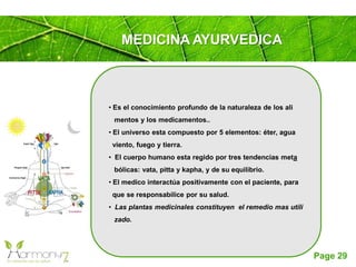 Page 29
MEDICINA AYURVEDICA
• Es el conocimiento profundo de la naturaleza de los ali
mentos y los medicamentos..
• El universo esta compuesto por 5 elementos: éter, agua
viento, fuego y tierra.
• El cuerpo humano esta regido por tres tendencias meta
bólicas: vata, pitta y kapha, y de su equilibrio.
• El medico interactúa positivamente con el paciente, para
que se responsabilice por su salud.
• Las plantas medicinales constituyen el remedio mas utili
zado.
 