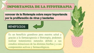 Es un beneficio grandioso para nuestra salud y
gracias a la farmacognosia o fitoterapia, podemos
realizar tratamientos naturales debido a sus
estudios minuciosos de las distintas hierbas y a sus
componentes activos y farmacológicos.
 