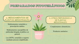 b. OTROS PREPARADOS A
DE PLANTAS
MEDICINALES:
Complementos alimenticios:
Productos sanitarios:
a. MEDICAMENTOS DE
PLANTAS MEDICINALES:
Medicamentos sometidos a
prescripción médica.
Medicamentos susceptibles de
publicidad dirigida al público en
general.
Los (MTP), sometidos a registro
mediante proceso simplificado.
 
