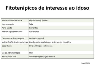 Nomenclatura	
  botânica	
   Glycine	
  max	
  (L.)	
  Merr.
Nome	
  popular	
   Soja
Parte	
  usada	
   Sementes
Padronização/Marcador	
   Isoflavonas
Derivado	
  de	
  droga	
  vegetal	
  	
   Derivado	
  vegetal
Indicações/Ações	
  terapêuticas	
   Coadjuvante	
  no	
  alívio	
  dos	
  sintomas	
  do	
  climatério
Dose	
  Diária	
   50	
  a	
  120	
  mg	
  de	
  isoflavonas
Via	
  de	
  Administração	
   Oral
Restrição	
  de	
  uso	
   Venda	
  sem	
  prescrição	
  médica
Fitoterápicos	
  de	
  interesse	
  ao	
  idoso	
  
Brasil,	
  2014
 