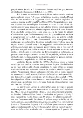 Ministério da Saúde

pesquisadores, incluiu a P. lanceolata na lista de espécies que possuem
atividade antiinflamatória (HEROLD et al., 2003).
Sob o nome vernacular de erva de bicho, existem várias espécies
pertencentes ao gênero Polygonum utilizadas na medicina popular. Dentre
elas, a Ceme selecionou a Polygonum acre Lam., espécie originária da
América tropical e subtropical (ALONSO, 2004). Os resultados dos estudos pré-clínicos e toxicológicos feitos com o chá da erva de bicho, não
verificaram atividade analgésica e nem efeitos tóxicos. Estudo realizado
com o extrato diclorometano, obtido das partes aéreas da P. acre, demonstrou atividade antimicótica contra uma espécie de fungo do gênero
Cladosporium. Após fracionamento químico, foi possível isolar e purificar
o sesquiterpeno polygodial como constituinte ativo do extrato testado
(ALMEIDA ALVES et al., 2001). Mendes et al. (1998) investigando a ação
analgésica e antiinflamatória do extrato hidroalcoólico obtido da casca de
Drymis winteri (casca-d´anta), e do polygodial, também isolado do seu
extrato, concluíram que o polygodial possivelmente seja o responsável
pela ação analgésica atribuída ao extrato de casca-d´anta, verificada nos
modelos pré-clínicos experimentais de dor neurogênica e inflamação. A
presença deste sesquiterpeno na erva de bicho poderia justificar os usos
atribuídos pela medicina popular a esta espécie, uma vez que esta substância demonstrou propriedades antibiótica e analgésica.
Conforme descrito por Revilla (2000), a Portulaca pilosa L. (amor
crescido) é uma espécie existente na região norte do país, distribuída desde os vales andinos até a bacia amazônica. As suas folhas são usadas
tradicionalmente para problemas estomacais, erisipela, diarréia e queda de
cabelo. Pesquisas pré-clínicas realizadas pela Ceme com o extrato aquoso
do amor crescido verificaram atividades antiinflamatória e antiespasmódica,
não demonstrando ação antipirética e efeitos tóxicos. Rocha et al. (1994),
investigando os efeitos renais do extrato hidroalcoólico da P. pilosa, concluíram que o extrato não possui atividade diurética, não justificando o seu
uso com esta indicação.
De acordo com Lorenzi e Matos (2002), duas espécies do gênero
Pothomorphe são conhecidas popularmente por caapeba. A P. umbellata
(L.) Miq. é nativa de quase todo o Brasil, sendo principalmente encontrada do sul da Bahia até Minas Gerais e São Paulo e a P. peltata (L.) Miq. é
mais freqüente na região Amazônica. Os ensaios pré-clínicos desenvolvidos pela Ceme com o chá da folha da P. peltata (caapeba do Norte), não
verificaram atividades antiinflamatória, analgésica, antipirética e antimalárica
(contra o Plasmodium berghei). A P. umbellata apresentou uma suposta
ação antimalárica contra o Plasmodium berghei. Embora o estudo de atividade antiinflamatória realizado com o extrato aquoso da P. peltata não
111

 