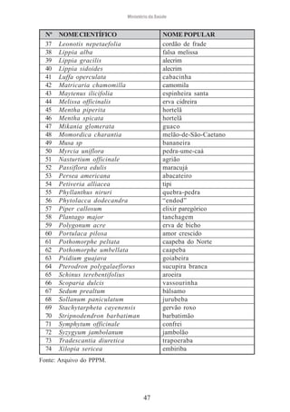 Ministério da Saúde

Nº
37
38
39
40
41
42
43
44
45
46
47
48
49
50
51
52
53
54
55
56
57
58
59
60
61
62
63
64
65
66
67
68
69
70
71
72
73
74

NOME CIENTÍFICO
Leonotis nepetaefolia
Lippia alba
Lippia gracilis
Lippia sidoides
Luffa operculata
Matricaria chamomilla
Maytenus ilicifolia
Melissa officinalis
Mentha piperita
Mentha spicata
Mikania glomerata
Momordica charantia
Musa sp
Myrcia uniflora
Nasturtium officinale
Passiflora edulis
Persea americana
Petiveria alliacea
Phyllanthus niruri
Phytolacca dodecandra
Piper callosum
Plantago major
Polygonum acre
Portulaca pilosa
Pothomorphe peltata
Pothomorphe umbellata
Psidium guajava
Pterodron polygalaeflorus
Schinus terebentifolius
Scoparia dulcis
Sedum prealtum
Sollanum paniculatum
Stachytarpheta cayenensis
Stripnodendron barbatiman
Symphytum officinale
Syzygyum jambolanum
Tradescantia diuretica
Xilopia sericea

NOME POPULAR
cordão de frade
falsa melissa
alecrim
alecrim
cabacinha
camomila
espinheira santa
erva cidreira
hortelã
hortelã
guaco
melão-de-São-Caetano
bananeira
pedra-ume-caá
agrião
maracujá
abacateiro
tipi
quebra-pedra
“endod”
elixir paregórico
tanchagem
erva de bicho
amor crescido
caapeba do Norte
caapeba
goiabeira
sucupira branca
aroeira
vassourinha
bálsamo
jurubeba
gervão roxo
barbatimão
confrei
jambolão
trapoeraba
embiriba

Fonte: Arquivo do PPPM.

47

 