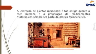 Márcio
A utilização de plantas medicinais é tão antiga quanto a
raça humana e a preparação de medicamentos
fitoterápicos sempre fez parte da prática farmacêutica.
http://3.bp.blogspot.com/_NuCQ6mVrWyo/SxUDj_ZEAVI/AAAAAAAAADA/WZk9O4kUhrs/s1600/farmacia_antiga.jpg
 