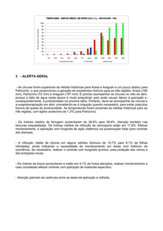 3 - ALERTA GERAL
- As chuvas foram superiores às médias históricas para Araxá e Araguari e um pouco abaixo para
Patrocínio, o que proporcionou a geração de excedentes hídricos para as três regiões, Araxá (199
mm), Patrocínio (72 mm) e Araguari (197 mm). É preciso acompanhar as chuvas no mês de abril,
porque a falta de água nesta época é muito prejudicial, pois pode causar danos à granação e,
consequentemente, à produtividade na próxima safra. Portanto, deve-se acompanhar as chuvas e
a evapotranspiração em abril, procedendo-se à irrigação quando necessário, para evitar prejuízos
futuros de queda de produtividade. As temperaturas foram próximas às médias históricas para as
três regiões, com ligeiro acréscimo de 1,3ºC para Patrocínio.
- Os índices médios de ferrugem aumentaram de 28,8% para 38,9%. Atenção também nas
lavouras esqueletadas. Os índices médios de infecção de cercospora estão em 17,9%. Efetuar
monitoramento, e aplicação com fungicida de ação sistêmica via pulverização foliar para controle
das doenças.
- A infecção média de phoma em alguns talhões diminuiu de 10,7% para 8,1% de folhas
infectadas, ainda indicando a necessidade de monitoramento em áreas com histórico de
ocorrência. Se necessário, realizar o controle com fungicida químico, para proteção dos ramos e
das brotações novas.
- Os índices de broca aumentaram e estão em 4,1% de frutos atacados, realizar monitoramento e
caso constatado efetuar controle com aplicação de inseticida específico.
- Atenção (período de carência) entre as datas de aplicação e colheita.
 