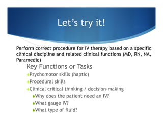 Let’s try it!
Key Functions or Tasks
 Psychomotor skills (haptic)
 Procedural skills
 Clinical critical thinking / deci...